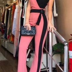Levency Color Block Belted Slip Jumpsuits New In