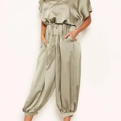 Levency New In Satin Button Short Sleeve Jumpsuits