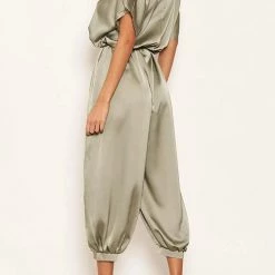 Levency New In Satin Button Short Sleeve Jumpsuits