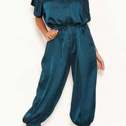Levency New In Satin Button Short Sleeve Jumpsuits