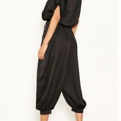 Levency New In Satin Button Short Sleeve Jumpsuits