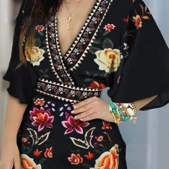 Levency Print V Neck Bat Romper