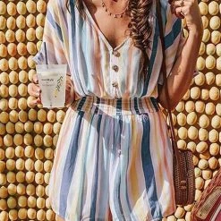 Levency New In Colorful Stripe Button Romper