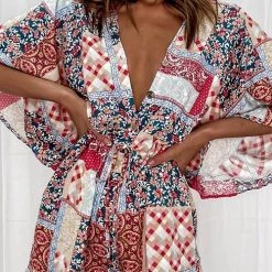 Levency Print V Neck Button Bat Romper