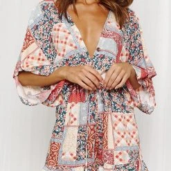 Levency Print V Neck Button Bat Romper