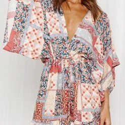 Levency Print V Neck Button Bat Romper