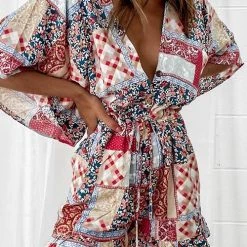 Levency Print V Neck Button Bat Romper