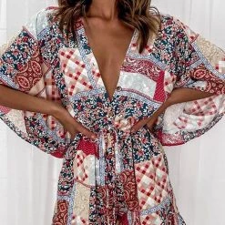 Levency Print V Neck Button Bat Romper