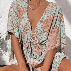 Levency Print V Neck Button Bat Romper