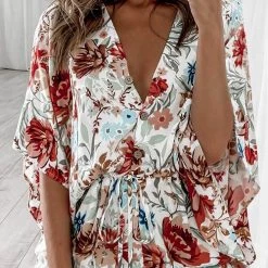 Levency Print V Neck Button Bat Romper