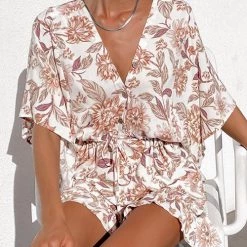 Levency Print V Neck Button Bat Romper