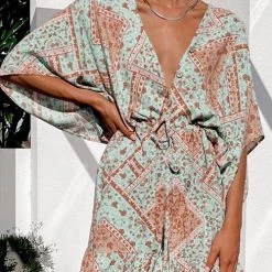 Levency Print V Neck Button Bat Romper