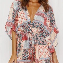 Levency Print V Neck Button Bat Romper