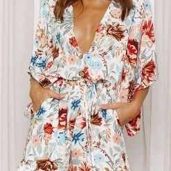 Levency Print V Neck Button Bat Romper