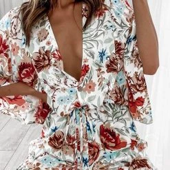 Levency Print V Neck Button Bat Romper