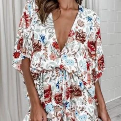 Levency Print V Neck Button Bat Romper