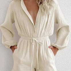 Levency Button Long Sleeve Drawstring Romper New In