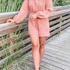 Levency Button Long Sleeve Drawstring Romper New In