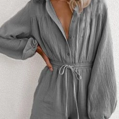 Levency Button Long Sleeve Drawstring Romper New In
