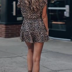 Levency Leopard Ruffles Button Romper