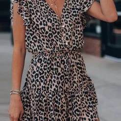 Levency Leopard Ruffles Button Romper