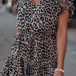 Levency Leopard Ruffles Button Romper
