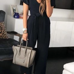 Levency New In Solid Pockets V Neck Belted Jumpsuits
