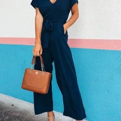 Levency New In Solid Pockets V Neck Belted Jumpsuits