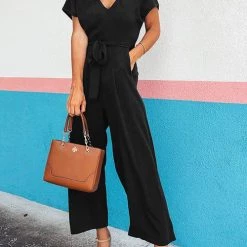 Levency New In Solid Pockets V Neck Belted Jumpsuits