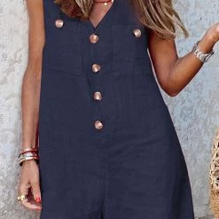 Levency New In Button V Neck Pockets Romper