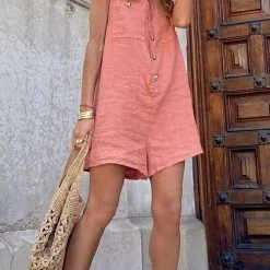 Levency New In Button V Neck Pockets Romper