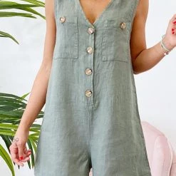 Levency New In Button V Neck Pockets Romper