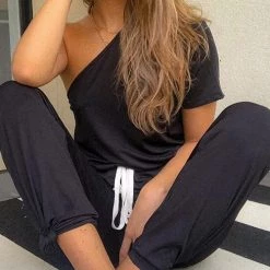 Levency One Shoulder Drawstring Jumpsuits New In