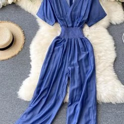 Levency New In Elastic Waist V Neck Denim Jumpusits