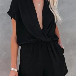 Levency Solid V Neck Loose Romper New In