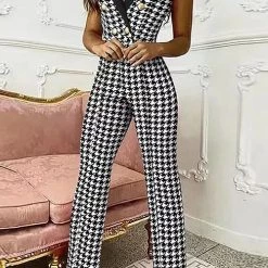 Levency New In Houndstooth Button Lapel Neck Tank Jumpsuits