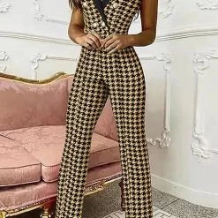 Levency New In Houndstooth Button Lapel Neck Tank Jumpsuits