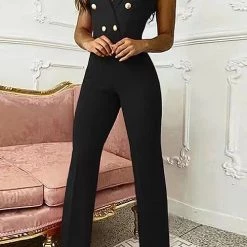 Levency New In Houndstooth Button Lapel Neck Tank Jumpsuits