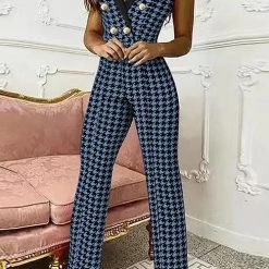 Levency New In Houndstooth Button Lapel Neck Tank Jumpsuits