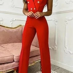 Levency New In Houndstooth Button Lapel Neck Tank Jumpsuits