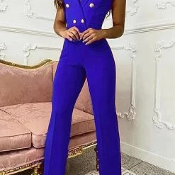 Levency New In Houndstooth Button Lapel Neck Tank Jumpsuits