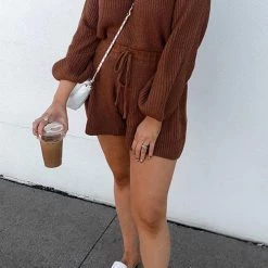 Levency O Neck Puff Long Drawstring Sweater Romper