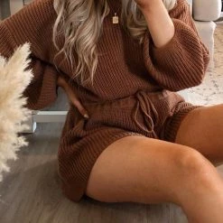 Levency O Neck Puff Long Drawstring Sweater Romper