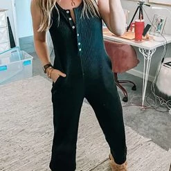 Levency New In Buckle U Neck Pockets Jumpsuits