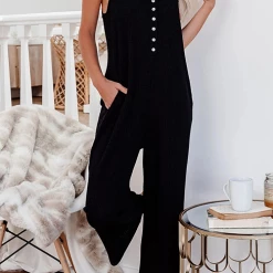 Levency New In Buckle U Neck Pockets Jumpsuits