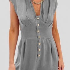 Levency Button V Neck Tank Romper