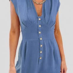 Levency Button V Neck Tank Romper