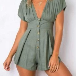 Levency Button V Neck Tank Romper