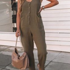 Levency Button Pockets V Neck Tank Jumpsuits New In