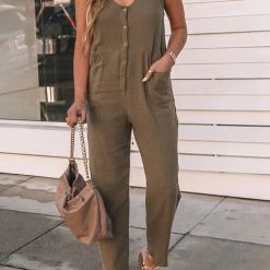 Levency Button Pockets V Neck Tank Jumpsuits New In